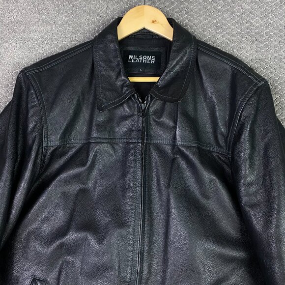 Wilsons Leather Jacket Men's Large Black Bomber Full Zip Up - Picture 2 of 12